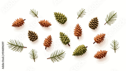 Realistic pinecones and conifer leaves scattered on white background, designed for holiday, winter, or forest-themed decoration purposes.