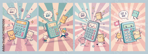 Vibrant Cartoon Celebration Featuring Cute Characters Calculator and Playful Food in a Fun Colorful Scene Perfect for Engaging Poster Designs
