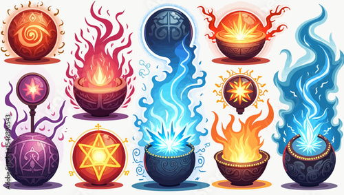 Set of magical glowing orbs and fireballs in different colors with mystical flames, ideal for fantasy, RPG, or gaming visual elements.