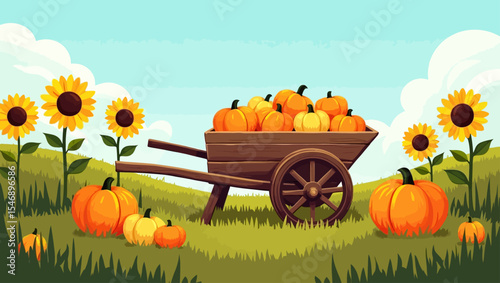 Wooden cart full of pumpkins in a sunny field with blooming sunflowers and rolling hills, ideal for autumn and harvest season themes.