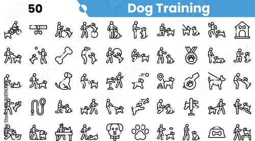 A creative collection of dog training illustrations featuring diverse training activities and methods.