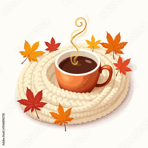 Autumn coffee surrounded by a woolen scarf and colorful leaves, capturing the warmth and coziness of the season.