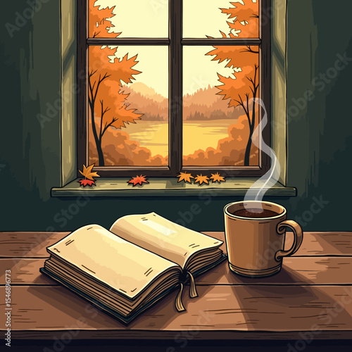 Cozy autumn reading scene with a steaming coffee mug and open book by a window showing colorful fall trees.
