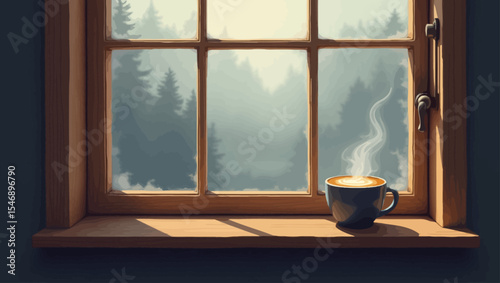 Steamy coffee cup on a wooden windowsill overlooking a misty forest on a calm autumn morning.