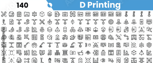 A diverse collection of icons representing various aspects of D printing technology, showcasing different tools and components.