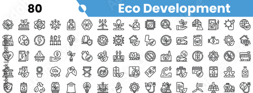 A collection of eco development icons, featuring designs that symbolize sustainability, renewable energy, and environmental conservation.