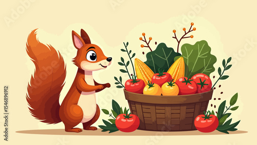 Smiling cartoon squirrel admiring a full harvest basket of vegetables, corn, and tomatoes in a festive autumn setting.