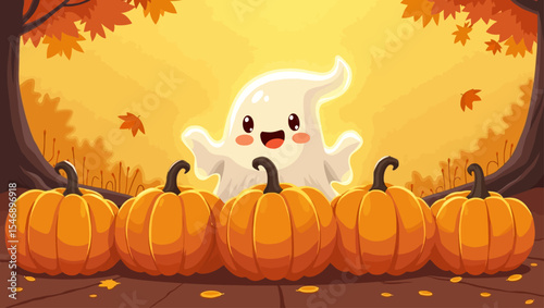  Smiling cartoon ghost hiding behind pumpkins in an autumn forest at sunset, blending Halloween charm with cute spooky fun.