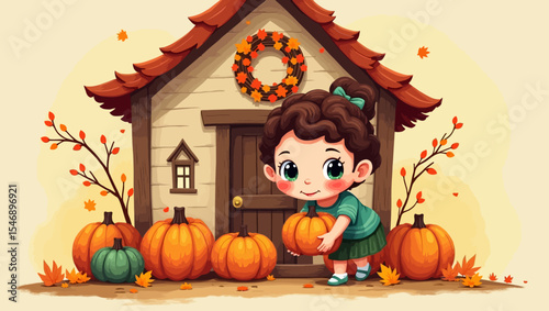 Cute little girl placing pumpkins in front of a decorated autumn house with falling leaves and seasonal decor.