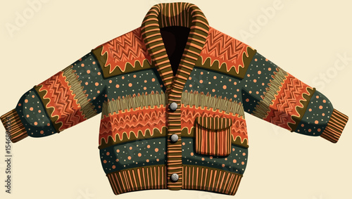 Colorful knitted cardigan with autumn patterns and textures, designed in warm earthy tones for seasonal wear.