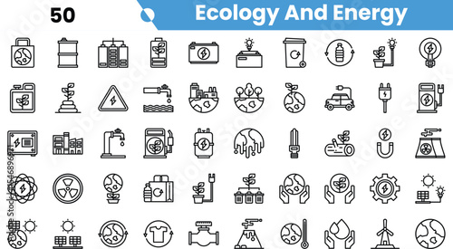 A collection of eco-friendly energy icons representing sustainability, recycling, and renewable resources.