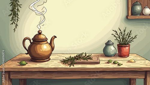 Cozy tea-making scene with steaming teapot, herbs, citrus slices, and rustic table in warm herbal kitchen atmosphere.