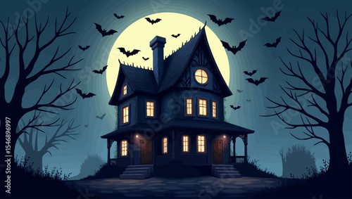Spooky haunted house with glowing windows under full moon, surrounded by bats and leafless trees in dark night scene.