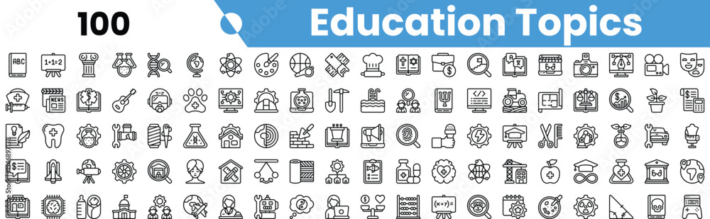 Fototapeta premium A diverse collection of educational topic icons in a minimalistic black and white design, enhancing creativity and learning.