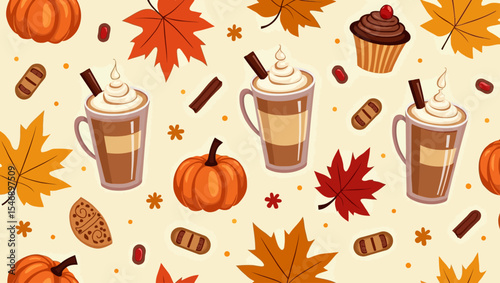 Seamless fall pattern with coffee drinks, cupcakes, pumpkins, and colorful leaves, perfect for cozy seasonal wrapping or textile designs.