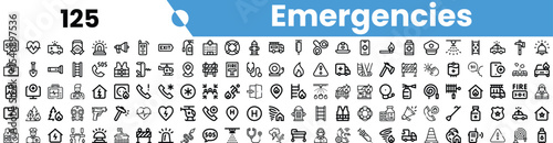A collection of emergency-themed icons including medical, fire, and rescue symbols in a modern flat design.