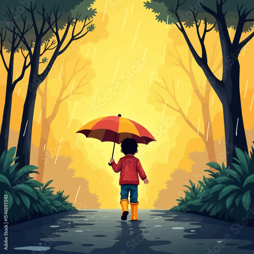  A child with a red umbrella walking through a rainy forest path under yellow glowing sky, perfect for autumn rain scenes or solitude visuals.