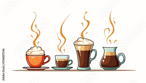 : Four types of steaming coffee drinks in stylish cups and mugs on white background, perfect for coffee shop menus or beverage designs