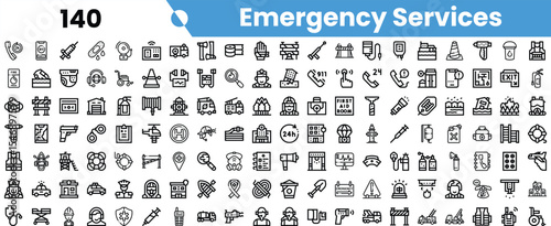 A collection of black and white icons representing various emergency services, including fire, medical, and rescue symbols.