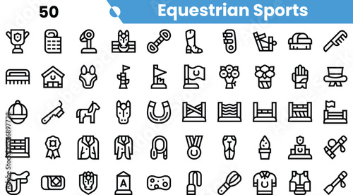 A diverse collection of equestrian sports icons, showcasing various elements like trophies, horses, and riding gear in a minimalist design.