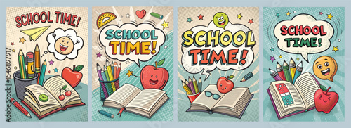 Vibrant Playful Illustrations of School Supplies and Cheerful Characters for a Fun Back to School Theme Poster Designs