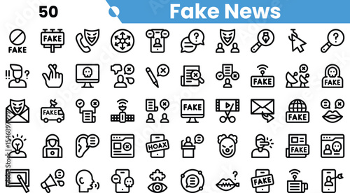 A collection of icons representing fake news, featuring symbols of deception, communication, and digital media.