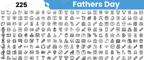 A collection of line-style icons celebrating Father's Day, featuring themes related to fatherhood, hobbies, and gifts.