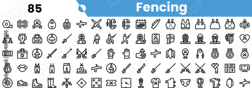 A diverse collection of line icons representing various aspects of fencing, including athletes, equipment, and competitions.