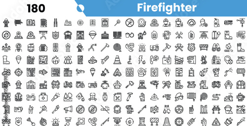 A comprehensive set of firefighter-themed icons, showcasing various tools, symbols, and equipment used in firefighting.