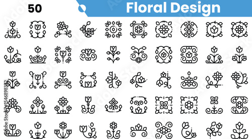 A diverse compilation of intricate floral design icons in black line art, showcasing various styles and patterns.