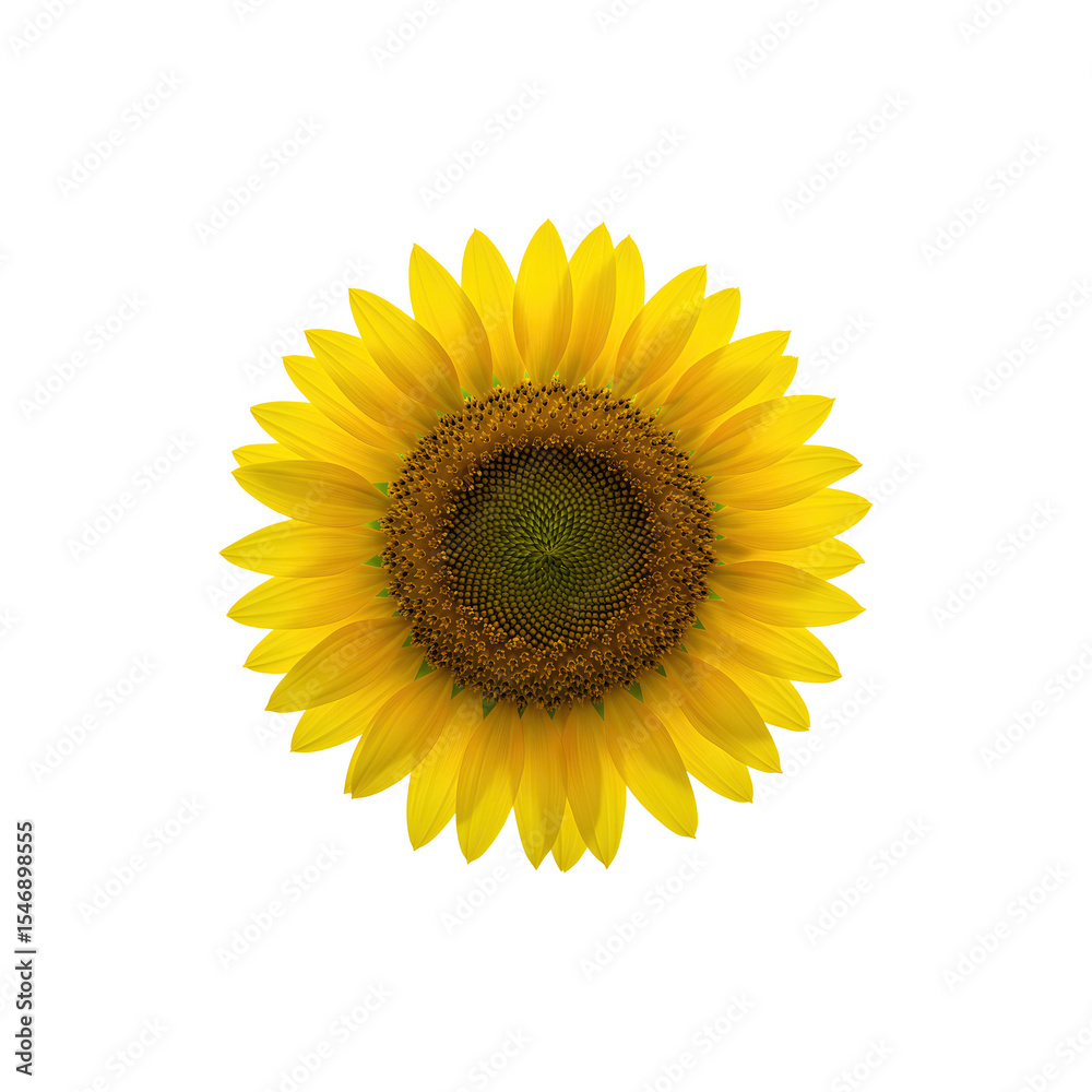 Fototapeta premium Bright yellow sunflower head with full bloom isolated on white background for summer themes
