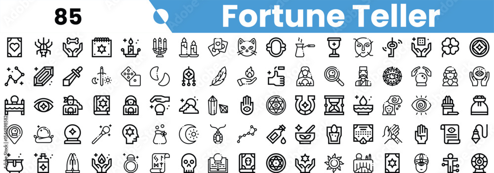 A diverse collection of fortune teller icons featuring mystical symbols, tarot cards, and tools associated with divination. A diverse collection of fortune teller icons featuring mystical symbols, tarot cards, and tools associated with divination.