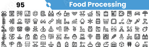 A vibrant collection of food processing icons, showcasing various culinary activities and ingredients in a minimalist design.