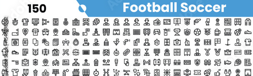 A comprehensive collection of black and white icons representing football and soccer elements, perfect for sports-themed designs.