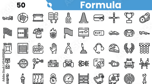 A collection of line art icons representing various elements related to motorsport, including racing, pit stops, and trophies.