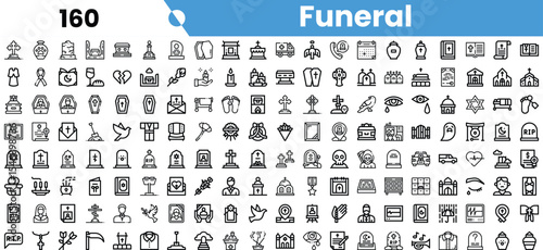 A diverse collection of funeral-related icons in black and white, depicting various symbols associated with mourning and remembrance.