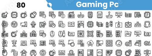 A comprehensive collection of gaming PC icons, featuring components like GPUs, CPUs, and peripherals, all in a sleek black and white design.