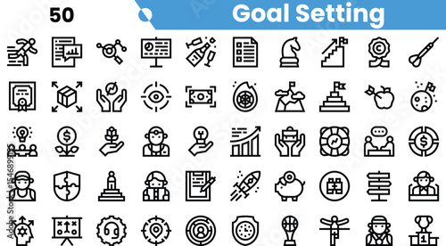 A diverse collection of goal-setting icons, featuring symbols of achievement, teamwork, and planning, perfect for motivational designs.