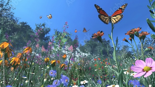 A meadow filled with wildflowers, butterflies, and a clear blue sky above