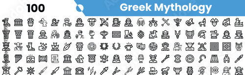 Illustration of icons representing Greek mythology, featuring gods, symbols, and artifacts in a minimalist style.