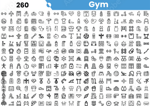 A vibrant collection of gym-related icons in black and white, showcasing fitness equipment, activities, and health symbols.