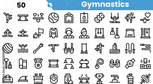 A collection of gymnastics icons in a minimalist style, showcasing various gymnastics equipment and activities.