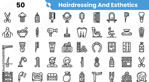 A collection of hairdressing and esthetics icons, featuring tools like scissors, combs, and products, perfect for beauty industry designs.