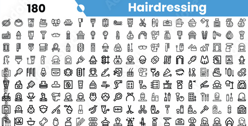 A collection of monochrome icons representing various hairdressing tools and products, offering a comprehensive overview of the hairstyling industry.