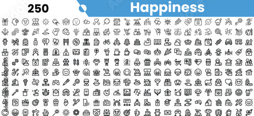 A diverse collection of monochrome icons representing happiness and joyful concepts, including celebrations, nature, and leisure activities.