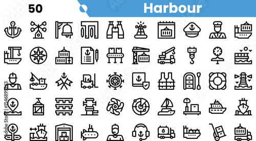 A collection of line icons representing various elements of a harbour, including ships, navigation tools, and safety gear.