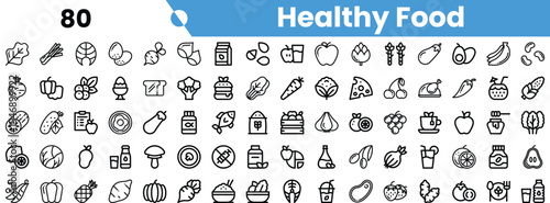 A vibrant collection of healthy food icons, showcasing a variety of fruits, vegetables, and nutritious options.