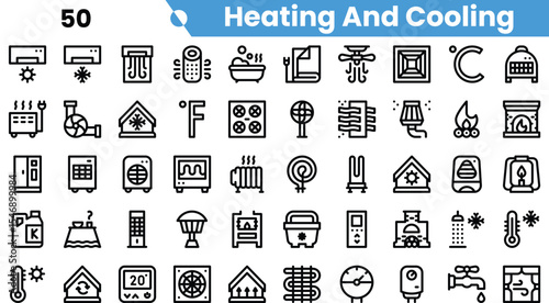 A collection of icons representing heating and cooling systems, showcasing various designs and functionalities in a clean, monochrome style.