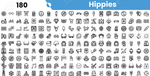 A vibrant collection of icons representing hippie culture, featuring symbols of peace, love, nature, and creativity.