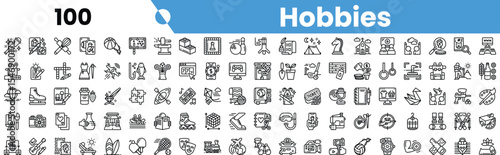 A diverse collection of hobby icons in a minimalist design, showcasing various activities ranging from arts to outdoor pursuits.